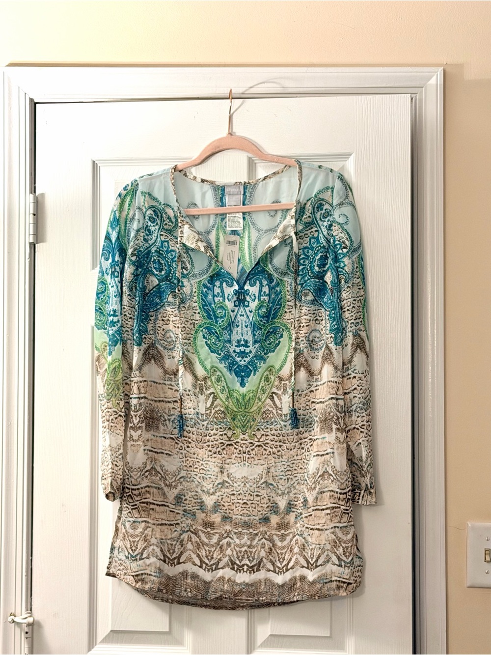 Chico’s Paisley Print Blouse Tunic Top Blue Green Boho - Size 0/4-6